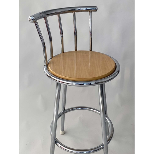 537 - BAR STOOLS, a pair, 96cm H, circular chrome framed with raised back. (2)