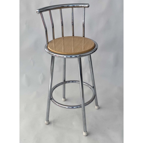 537 - BAR STOOLS, a pair, 96cm H, circular chrome framed with raised back. (2)