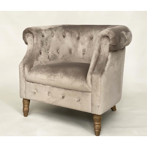 538 - TUB ARMCHAIR, light grey velvet upholstered with deep buttoned arms and turned supports, 83cm W.