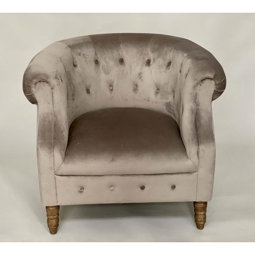 538 - TUB ARMCHAIR, light grey velvet upholstered with deep buttoned arms and turned supports, 83cm W.