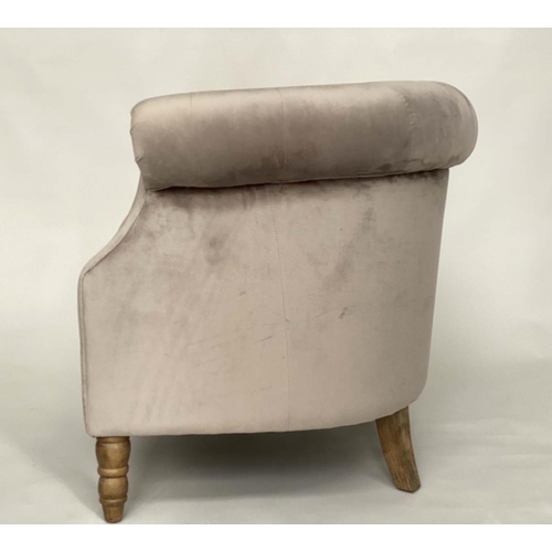 538 - TUB ARMCHAIR, light grey velvet upholstered with deep buttoned arms and turned supports, 83cm W.