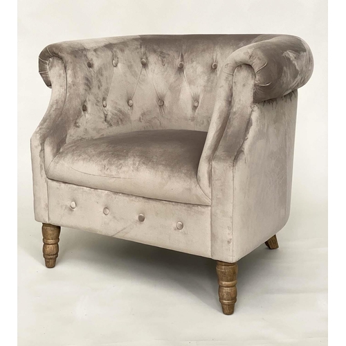 538 - TUB ARMCHAIR, light grey velvet upholstered with deep buttoned arms and turned supports, 83cm W.