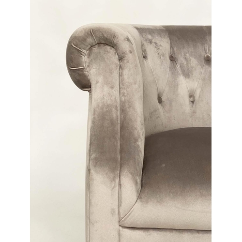 538 - TUB ARMCHAIR, light grey velvet upholstered with deep buttoned arms and turned supports, 83cm W.