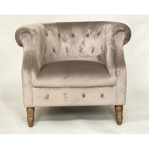 538 - TUB ARMCHAIR, light grey velvet upholstered with deep buttoned arms and turned supports, 83cm W.