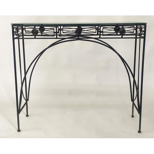 539 - CONSOLE TABLE, Spanish wrought iron with bevelled glass and arched support, 91cm x 31cm D x 80cm H.