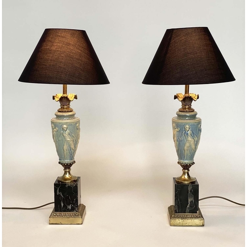 270 - TABLE LAMPS, a pair, Neo Classical vase form blue and white Wedgewood style ceramic, gilt metal moun... 