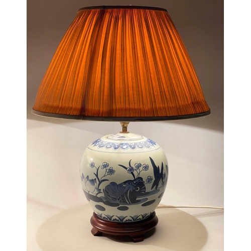 271 - TABLE LAMPS, 58cm H, a pair, Chinese blue and white ceramic of jar form with carved wooden bases and... 