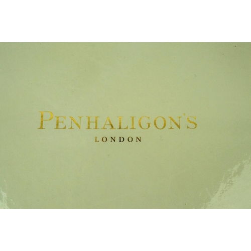 7 - PENHALIGON'S GAMES BOX, black lacquered fitted tray with card sets dice, chips dominos and folding b... 