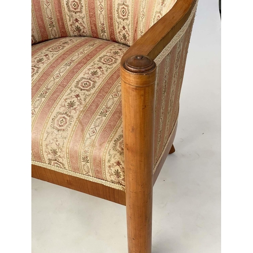 238 - ART DECO ARMCHAIRS, 66cm W, a pair, birch with arched bow back and column front supports. (2)