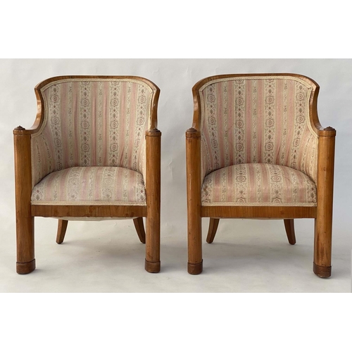 238 - ART DECO ARMCHAIRS, 66cm W, a pair, birch with arched bow back and column front supports. (2)