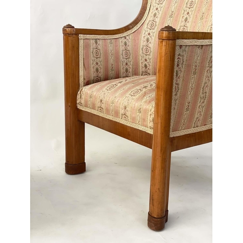 238 - ART DECO ARMCHAIRS, 66cm W, a pair, birch with arched bow back and column front supports. (2)