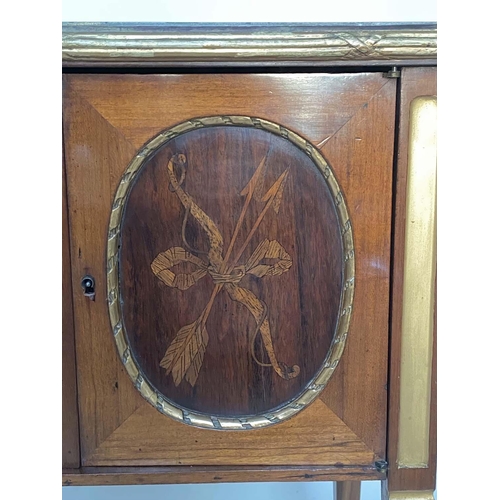 239 - SIDE CABINET, 19th century French parcel gilt, rosewood and marquetry panelled with twin doors, marb... 