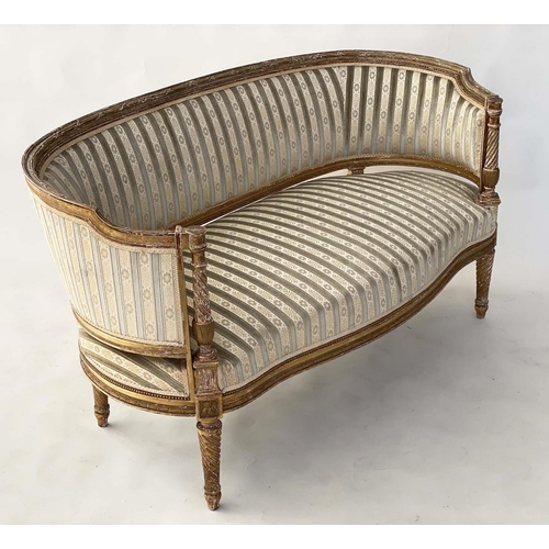 240 - CANAPE, late 19th/early 20th century French Louis XVI style, carved giltwood with serpentine front a... 