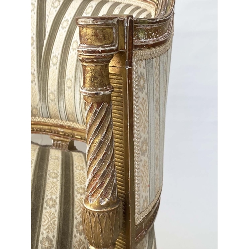 240 - CANAPE, late 19th/early 20th century French Louis XVI style, carved giltwood with serpentine front a... 