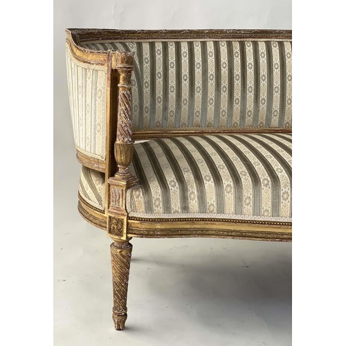 240 - CANAPE, late 19th/early 20th century French Louis XVI style, carved giltwood with serpentine front a... 