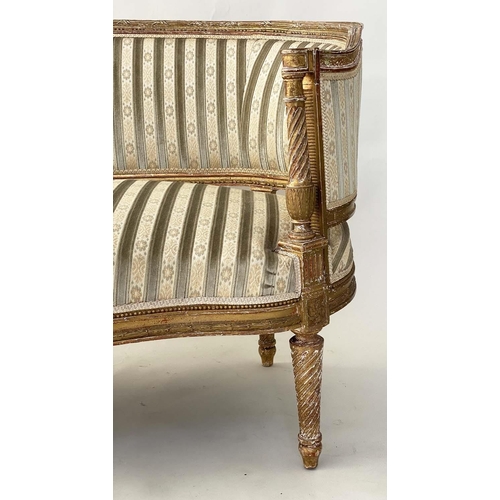 240 - CANAPE, late 19th/early 20th century French Louis XVI style, carved giltwood with serpentine front a... 