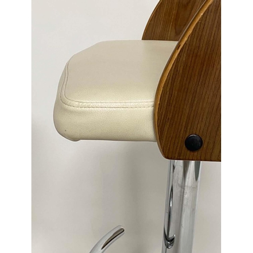 515 - ADJUSTABLE BAR STOOLS, bent plywood and cream leather with adjustable height and footrests, 100cm H,... 