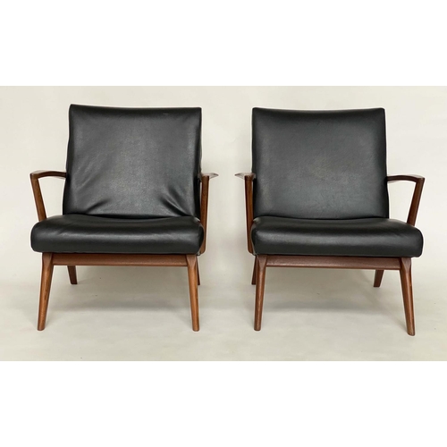 516 - ARMCHAIRS, 70cm W, a pair, 1960's Danish teak framed with angular arms and supports and black vinyl ... 