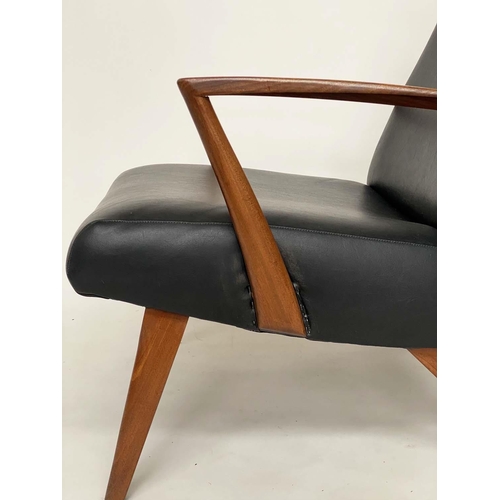 516 - ARMCHAIRS, 70cm W, a pair, 1960's Danish teak framed with angular arms and supports and black vinyl ... 