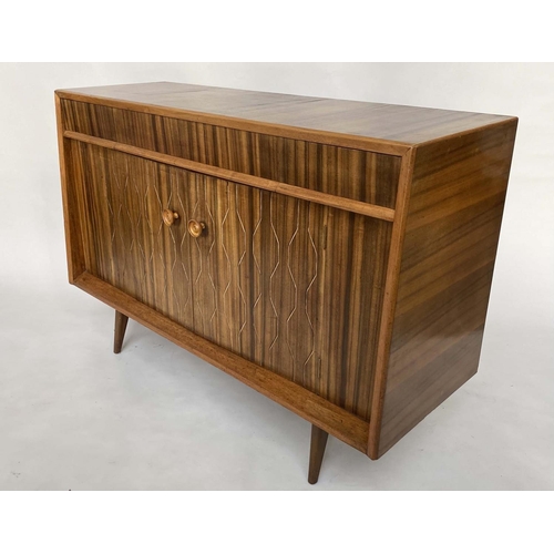 518 - EVEREST SIDEBOARD, 1960's walnut and Indian laurel with incised double helix doors and three frieze ... 