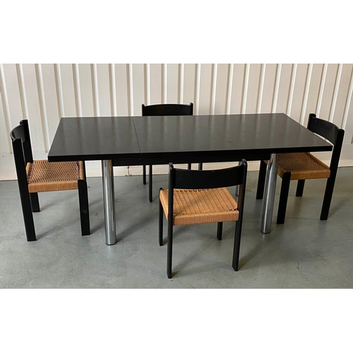 521 - HABITAT TABLE AND CHAIRS, 1960's black and chrome rectangular with flap end and four matching woven ... 