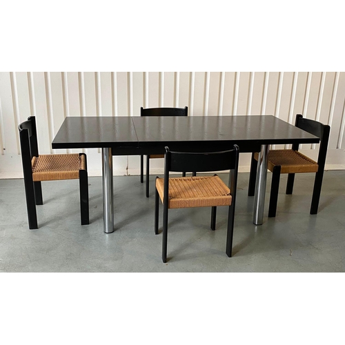 521 - HABITAT TABLE AND CHAIRS, 1960's black and chrome rectangular with flap end and four matching woven ... 