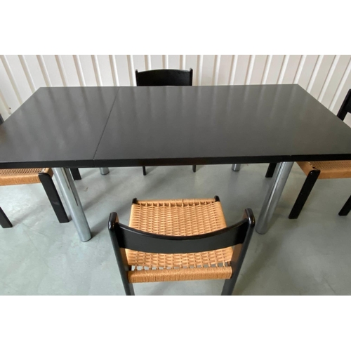 521 - HABITAT TABLE AND CHAIRS, 1960's black and chrome rectangular with flap end and four matching woven ... 