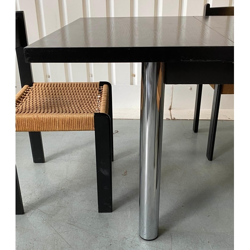 521 - HABITAT TABLE AND CHAIRS, 1960's black and chrome rectangular with flap end and four matching woven ... 