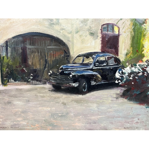 114 - HOWARD MORGAN (British b.1949), 'Monsier Pelters Peugeot', oil on canvas, 42cm x 60cm, framed.