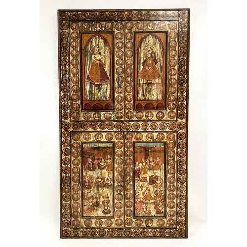 159 - INDIAN WINDOW SHUTTERS, polychrome painted with a royal couple and festival scenes, 207cm x 111cm.