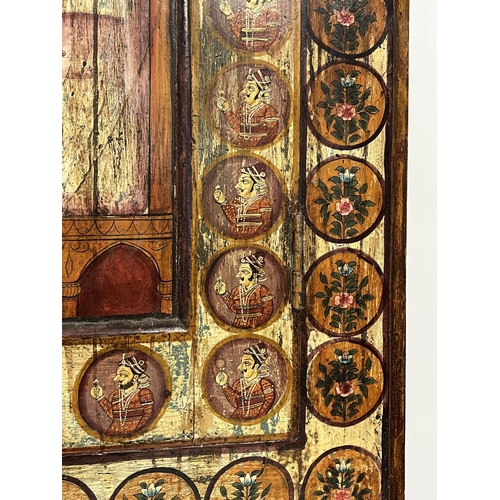 159 - INDIAN WINDOW SHUTTERS, polychrome painted with a royal couple and festival scenes, 207cm x 111cm.