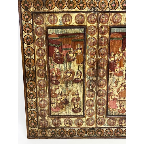 159 - INDIAN WINDOW SHUTTERS, polychrome painted with a royal couple and festival scenes, 207cm x 111cm.