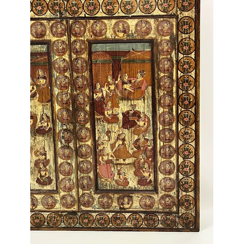 159 - INDIAN WINDOW SHUTTERS, polychrome painted with a royal couple and festival scenes, 207cm x 111cm.