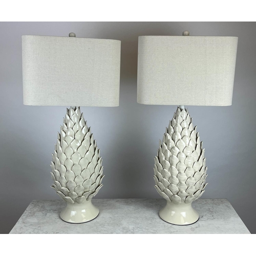 161 - TABLE LAMPS, a pair, pine cone form, blanc de chine ceramic with linen shades, 87cm H. (2)