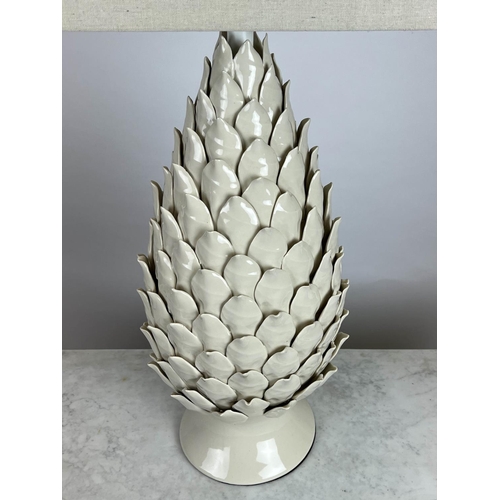 161 - TABLE LAMPS, a pair, pine cone form, blanc de chine ceramic with linen shades, 87cm H. (2)