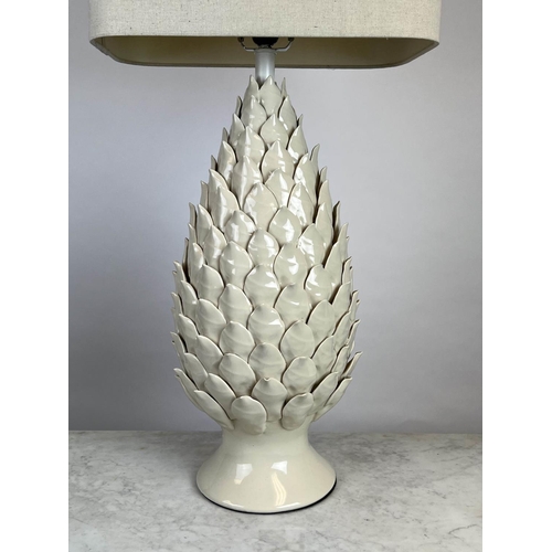 161 - TABLE LAMPS, a pair, pine cone form, blanc de chine ceramic with linen shades, 87cm H. (2)