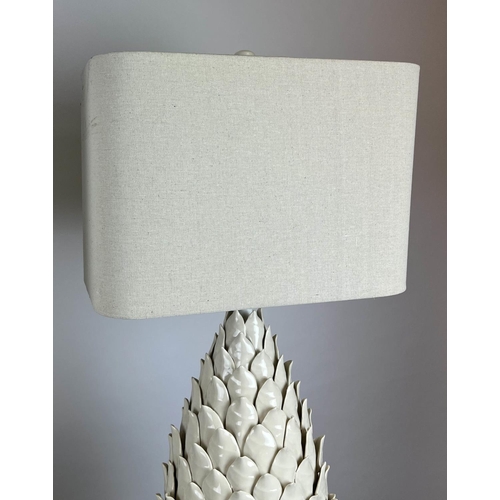 161 - TABLE LAMPS, a pair, pine cone form, blanc de chine ceramic with linen shades, 87cm H. (2)