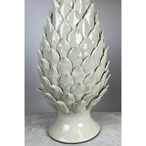 161 - TABLE LAMPS, a pair, pine cone form, blanc de chine ceramic with linen shades, 87cm H. (2)