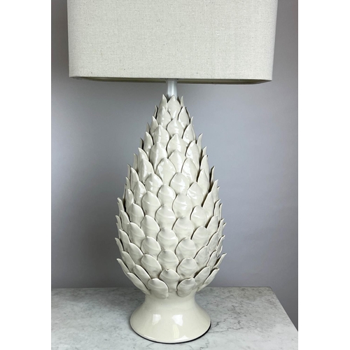 161 - TABLE LAMPS, a pair, pine cone form, blanc de chine ceramic with linen shades, 87cm H. (2)