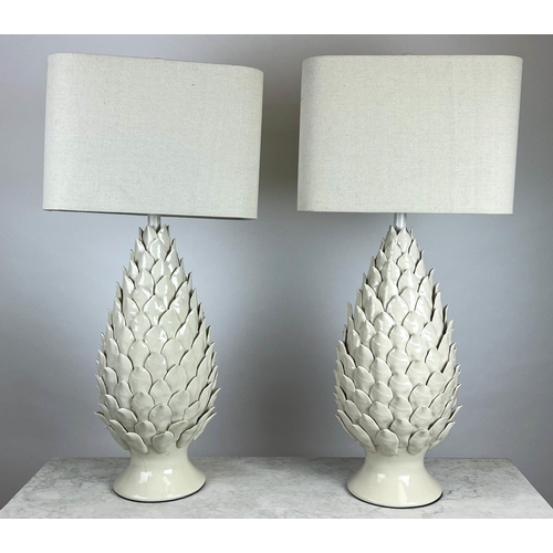 161 - TABLE LAMPS, a pair, pine cone form, blanc de chine ceramic with linen shades, 87cm H. (2)