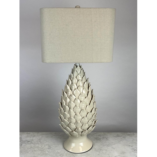 161 - TABLE LAMPS, a pair, pine cone form, blanc de chine ceramic with linen shades, 87cm H. (2)