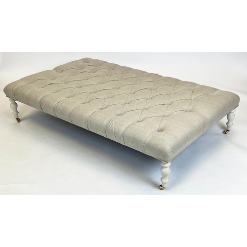 162 - FOOTSTOOL, Victorian style buttoned linen upholstered with turned supports and castors, 34cm H x 150... 