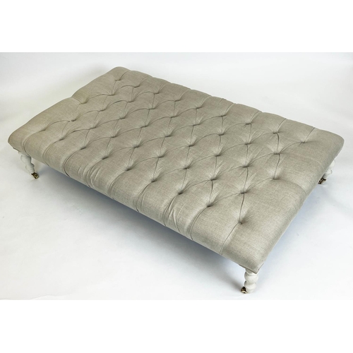 162 - FOOTSTOOL, Victorian style buttoned linen upholstered with turned supports and castors, 34cm H x 150... 