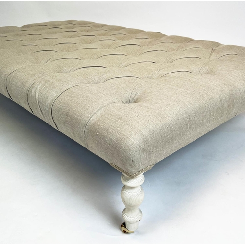 162 - FOOTSTOOL, Victorian style buttoned linen upholstered with turned supports and castors, 34cm H x 150... 