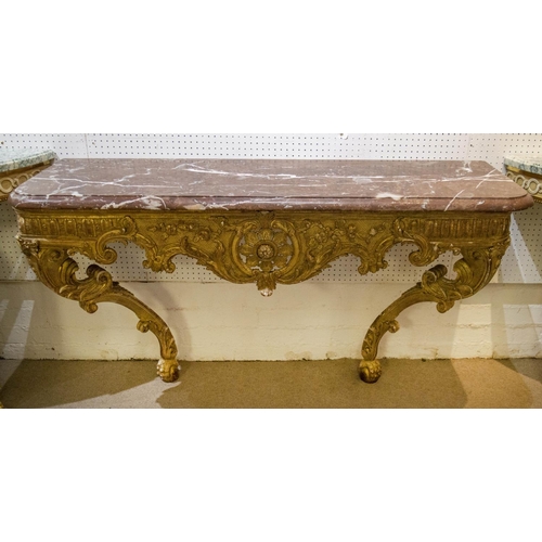 172 - CONSOLE TABLE, 79cm H x 140cm W x 42cm D, Louis XIV giltwood, circa 1700, with royal red marble top.