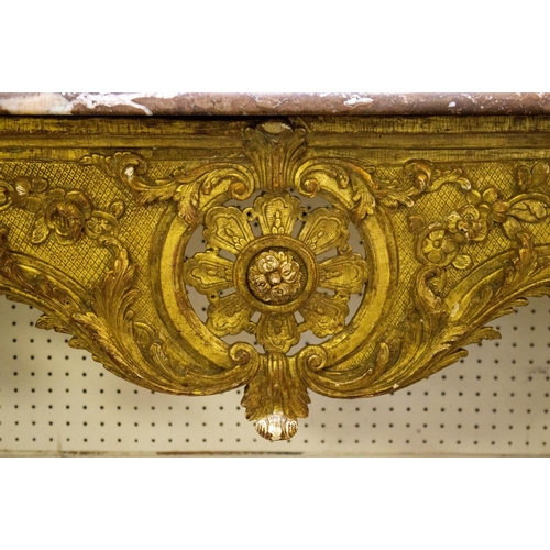 172 - CONSOLE TABLE, 79cm H x 140cm W x 42cm D, Louis XIV giltwood, circa 1700, with royal red marble top.