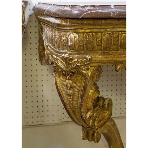 172 - CONSOLE TABLE, 79cm H x 140cm W x 42cm D, Louis XIV giltwood, circa 1700, with royal red marble top.