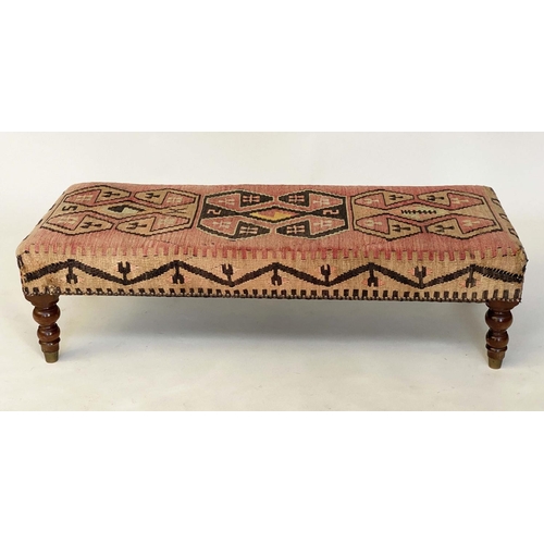 175 - KELIM HEARTH STOOL, 36cm H x 123cm W x 48cm D, rectangular vintage upholstered with turned supports ... 