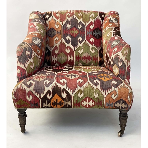 190 - KELIM ARMCHAIR, Victorian with antique upholstery and turned front supports, 69cm W.