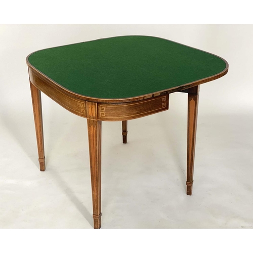 195 - CARD TABLE, George III period rosewood and satinwood crossbanded, D shaped baize lined foldover with... 